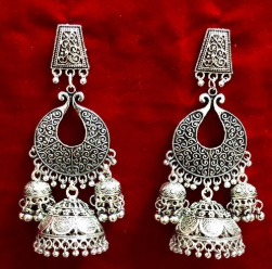 Ladies Comfortable And Lightweight Stylish Silver Plated Artificial Earrings - Silver Oxidized Heavy, Long Sleek Design